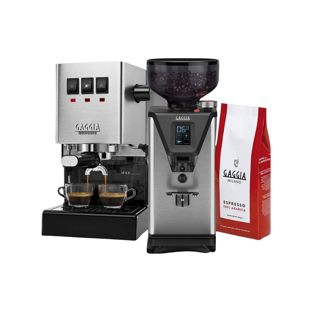 EXKLUSIVE AKTION GAGGIA GENUSS TRIO! / Gaggia Classic E24 + MDF 55 Kaffeemühle + 1 kg Gaggia Espresso 100% Arabica + 5 Jahre Garantie